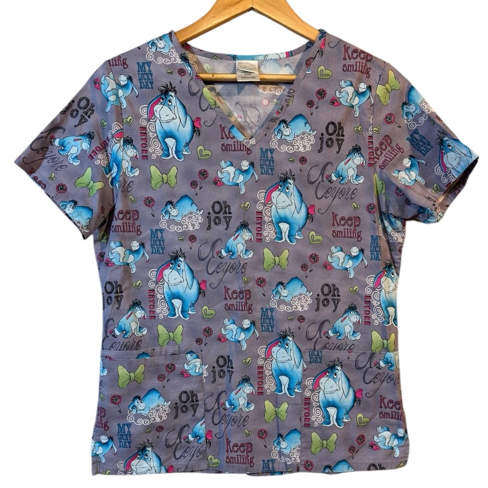 Disney Womens Size S Scrub Top Eeyore Keep Smiling My Lucky Day Gray Blue Pink